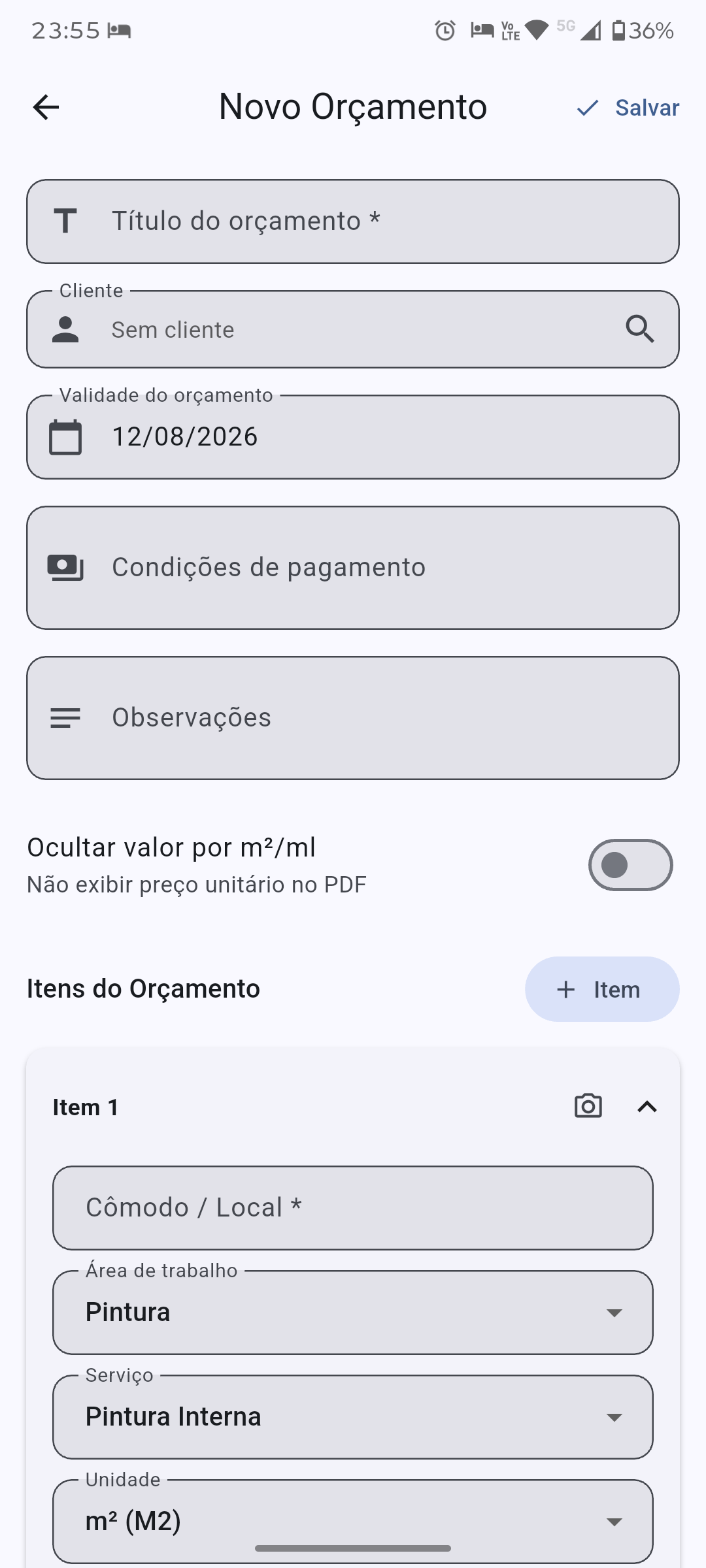 Tela de criação de orçamento no app EasyWork