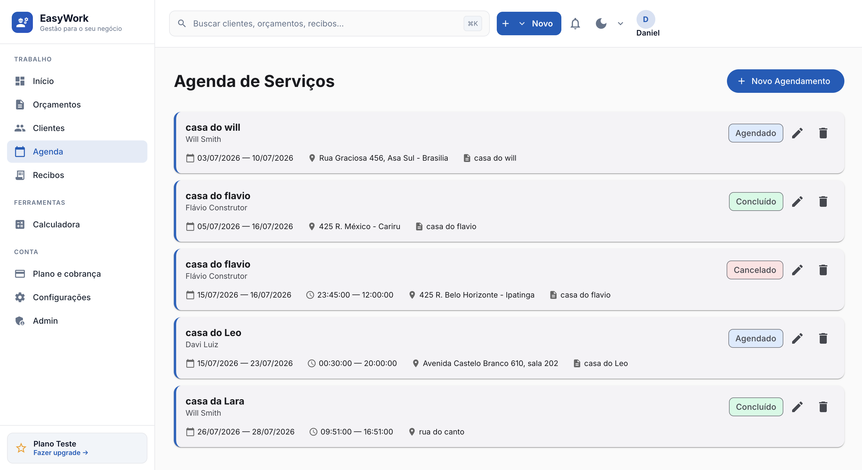 Agenda no painel web do EasyWork